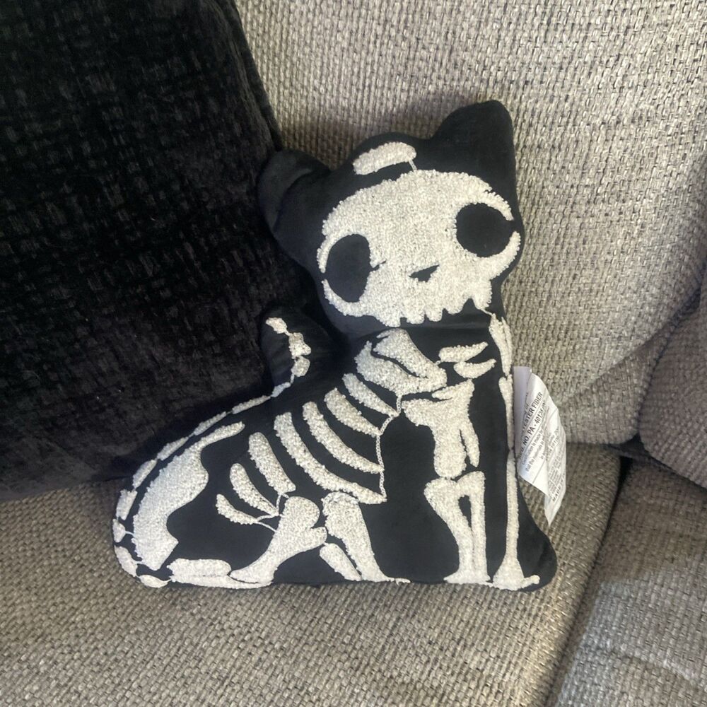Black & White Skeleton Cat Decorative Pillow Plush Embroidered Fall Halloween